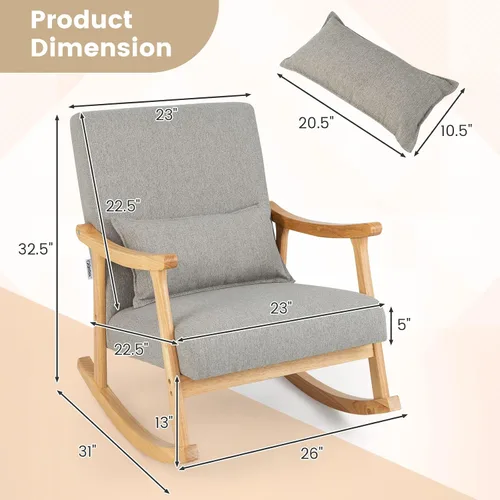 Vista 3 de Giantex Mecedora tapizada – Moderna mecedora con marco de madera de goma, cómodo respaldo y asiento, almohada acolchada de polipropileno, mecedora