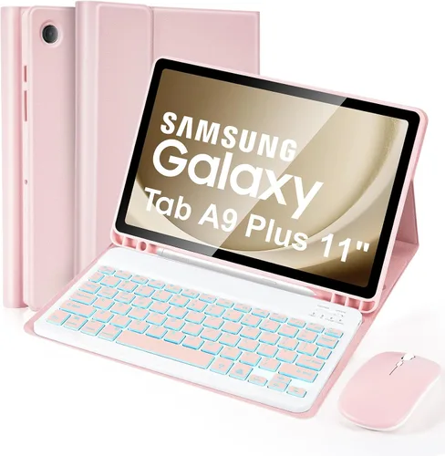 Vista 13 de Funda de teclado para Samsung Galaxy Tab A9 8.7" 2023, retroiluminación de 7 colores, funda de teclado inalámbrico desmontable con soporte para S