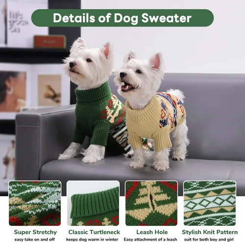 Vista 2 de PUMYPOREITY Suéter de vacaciones para perro, acogedor suéter de invierno, ajuste elástico, cuello alto, tema de Navidad para perros pequeños y Verde