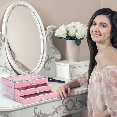 Vista 6 de Organizador de joyas de acrílico, caja organizadora de almacenamiento de cosméticos de maquillaje, caja de joyería transparente con 3 cajones, caja