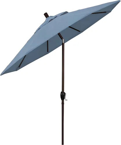 Vista 2 de California Umbrella Sombrilla redonda de aluminio de 7.5 pies, manivela elevadora, botón de inclinación, poste de bronce, Sunbrella Air Blue