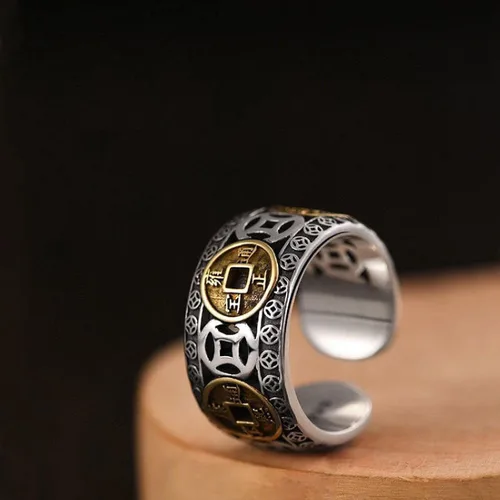 Vista 3 de Anillo de plata 925, anillo chino de la suerte con dinero antiguo, adecuado para joyas ajustables para hombres