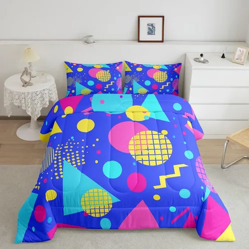 Vista 13 de Juego de edredón de estilo retro de los años 80, juego de ropa de cama de patrón geométrico abstracto, diseño urbano moderno con círculos