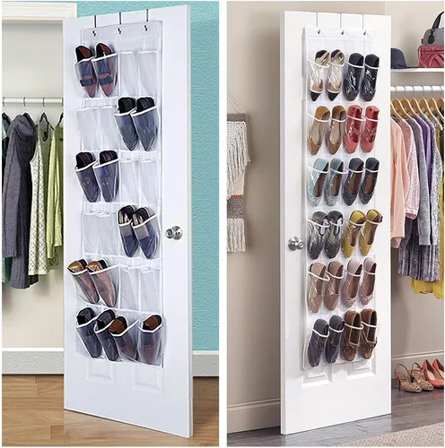 Vista 8 de Organizador de zapatos de 24 bolsillos para colgar sobre la puerta, organizador plegable con ganchos, soporte de malla colgante resistente