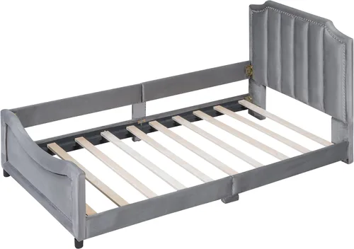 Vista 7 de Harper & Bright Designs Sofá cama tapizado con plataforma de terciopelo individual, cabecera clásica a rayas, sofá cama de madera para adultos
