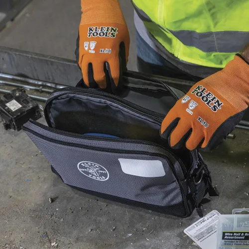 Vista 5 de Klein Tools Bolsa de herramientas, compartimentos dobles, organizador de bolsas de herramientas de alta resistencia, bolsa multiusos Gris