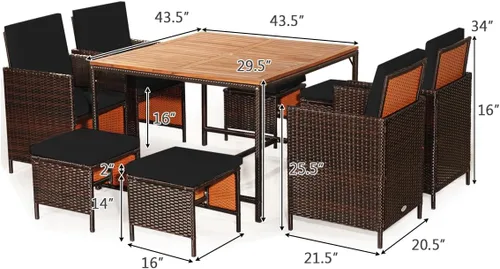 Vista 8 de HAPPYGRILL Juego de 9 piezas de comedor para patio al aire libre con asientos acolchados, mesa de comedor que ahorra espacio con mesa de madera
