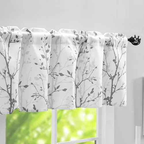 Vista 10 de Luvyohmee Cortina de cenefa estampada con ramas de árbol, cenefa de cocina de 18 pulgadas de largo, color negro, cenefas de ventana grises