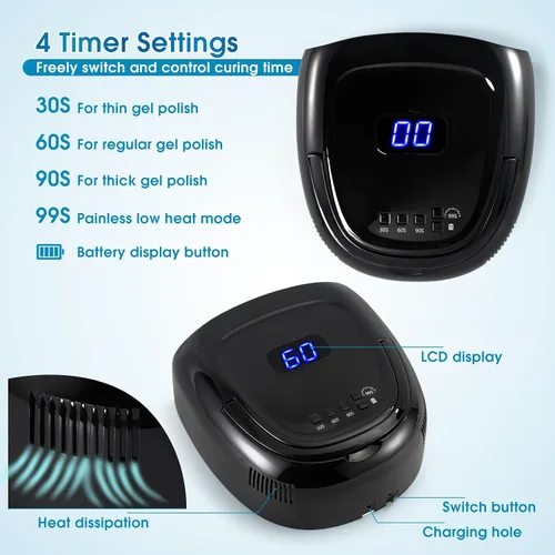 Vista 2 de Lámpara de uñas LED recargable de 60 W, lámpara de gel inalámbrica con mango portátil y 42 cuentas de lámpara, sensor automático UV LED secador