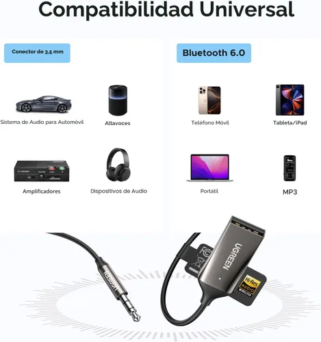 Vista 5 de UGREEN Adaptador auxiliar para automóvil Bluetooth 6.0 con LDAC, adaptador auxiliar de 0.138 in micrófono incorporado, receptor de audio Bluetooth