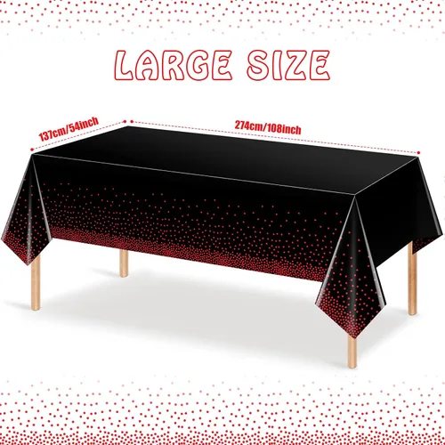 Vista 2 de Paquete de 1 mantel de plástico con puntos rojos y negros, mantel desechable de plástico rectangular de plástico con estampado de puntos rojos