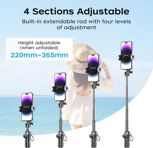 Vista 6 de Trípode Selfie Stick Mini con control remoto, trípode de agarre extensible de 17 pulgadas, tamaño de bolsillo 3 en 1 con 2 zapata fría, obturador