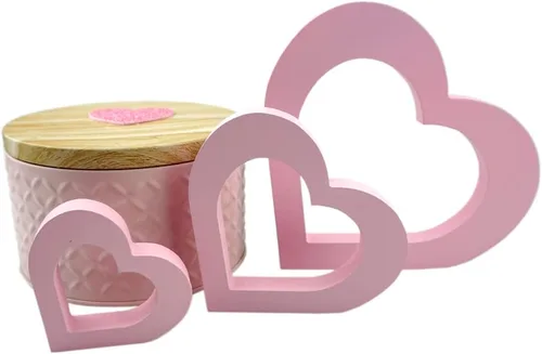 Vista 4 de SaktopDeco 3 piezas de centro de mesa de madera rosa con forma de corazón rosa para mesa del día de San Valentín, chimenea romántica decoración