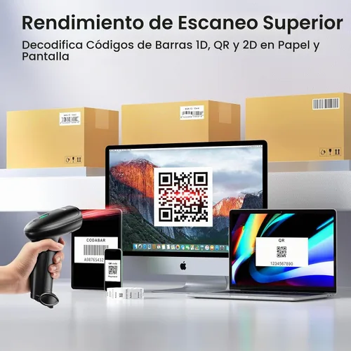 Vista 3 de Escáner de código de barras con soporte, Bluetooth y escáner de código de barras inalámbrico, escáneres de código QR 2D 1D para computadora POS