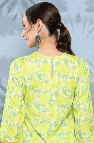 Vista 7 de Janasya Kurta con estampado digital de crepé verde limón para mujer india con palazzo