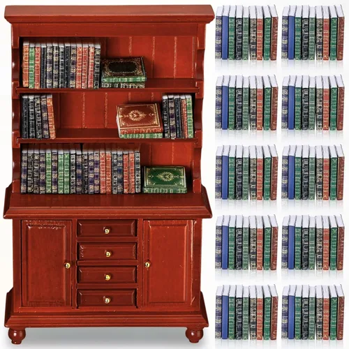 Vista 7 de Estantería de madera a escala 1:12, 48 libros, color marrón Muebles en miniatura para casa de muñecas, escena de biblioteca, regalo de rincón