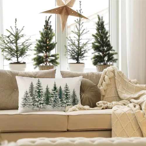 Vista 3 de Fundas de almohada de árboles de Navidad de 12 x 20 pulgadas, funda de almohada lumbar verde para decoración de Navidad, acuarela, funda de almohada