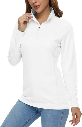 Vista 24 de MAGCOMSEN Camiseta de manga larga para mujer, con cremallera de un cuarto 01-Negro