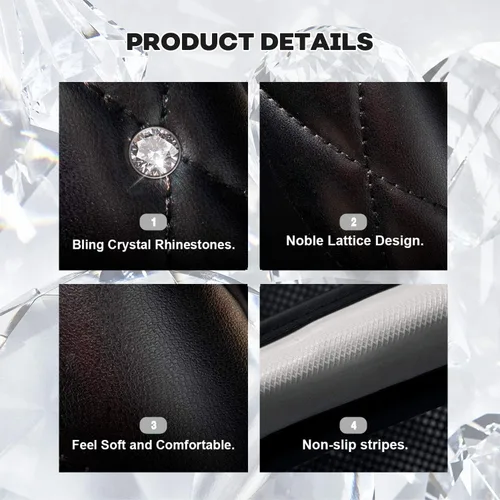 Vista 3 de Bonita funda negra brillante para volante de automóvil, suave, transpirable, antideslizante, de piel sintética, con diamantes de imitación