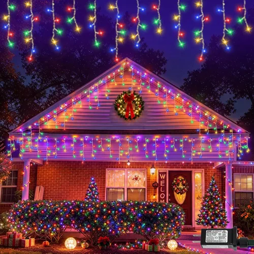 Vista 18 de Luces de carámbano azules y blancas para exteriores, tira de 400 luces LED de 33 pies para interiores, 8 modos conectables, luz de Navidad de Azul