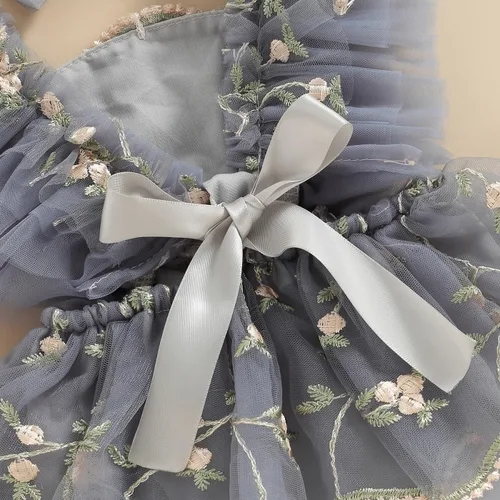 Vista 7 de Comoraecos Vestido mameluco de encaje floral para bebé, vestido de princesa con bordado de tutú y mangas para atar, sin espalda, vestido de princesa