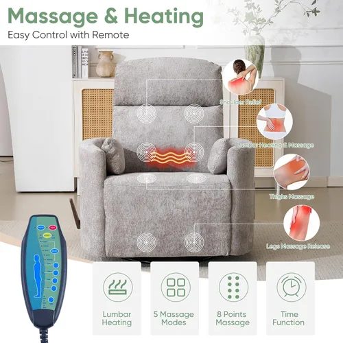 Vista 3 de Silla reclinable giratoria de gran tamaño con calor y masaje, mecedora con reposacabezas ajustable, silla reclinable manual mecedora con 2 Chenille