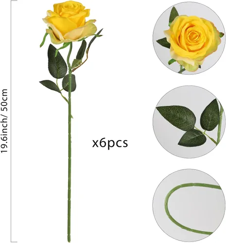 Vista 2 de IPOPU 6 rosas artificiales de seda amarilla con tallo largo, rosas falsas de tallo largo, rosas artificiales de tallo largo adecuadas para bodas
