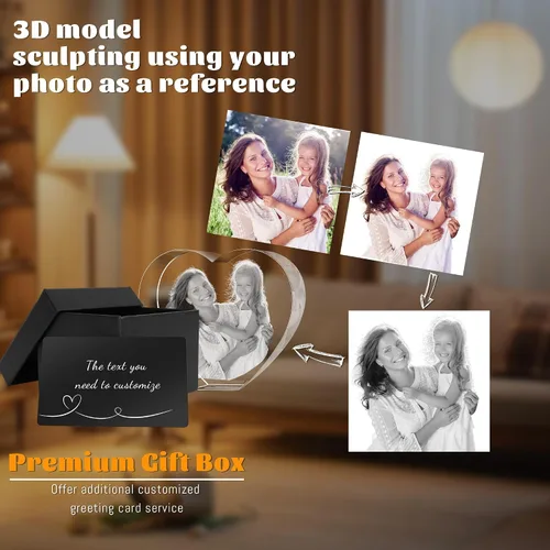 Vista 6 de Foto de cristal 3D, regalos románticos personalizados para mujeres, esposa, hombres, mamá, padre, ella, él, papá, parejas, vidrio óptico grabado
