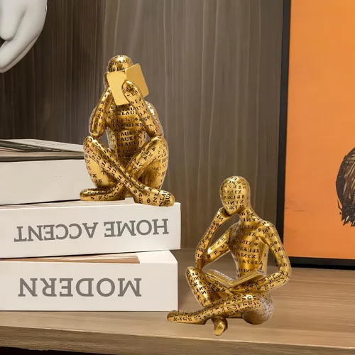 Vista 2 de Estatua de Pensador de Lectura Dorado Antiguo, Juego de 2 Decoración de Estantería Arte Abstracto Esculturas de Pensador, Figurilla Estética Moderna