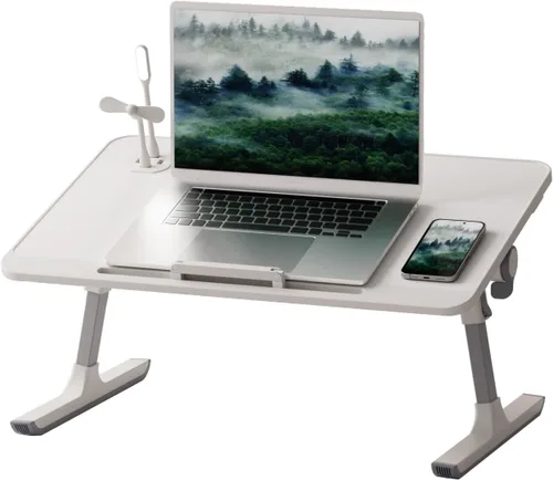 Vista 8 de Escritorio plegable para laptop, mesa plegable para desayuno, mesa de cama ajustable para laptop con alturas y ángulos, mesa plegable con cajón