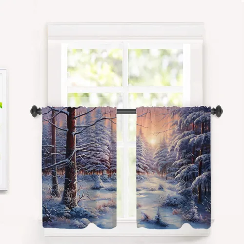Vista 65 de Cortinas geométricas de cocina para ventanas, color negro, blanco, turquesa, cenefas opacas de poliéster multicapa para cocina, paquete de 2