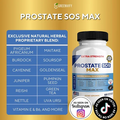 Vista 4 de Suplemento SOS Max para próstata, 60 cápsulas, complejo herbario natural con palma enana, vitamina E, B6, suministro para 30 días