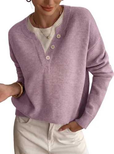 Vista 8 de SOLY HUX Suéteres Pullover para Mujer de Manga Larga con Botones Cuello Redondo 2 en 1 Tops de Punto Holgados Albaricoque y Beige