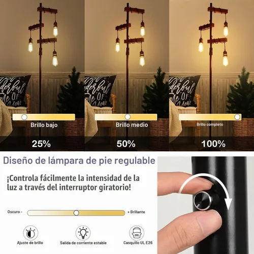 Vista 2 de Lámpara de pie industrial regulable, lámpara de pie de árbol de granja, lámpara de pie de madera de 68 pulgadas, 3 luces, base resistente, luz