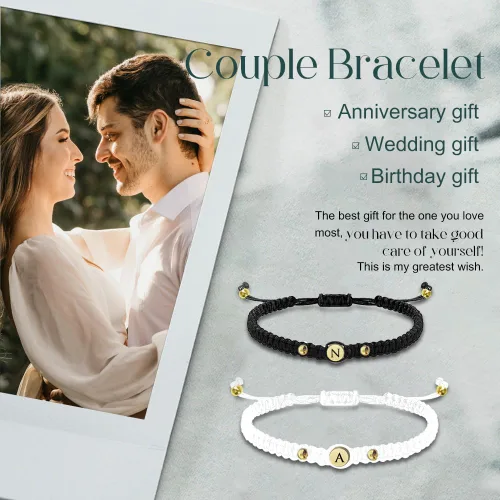 Vista 3 de Sparklejewel Pulseras personalizadas para parejas, pulseras a juego para parejas, grabado, nombre, cuerda trenzada, pulseras para parejas para él