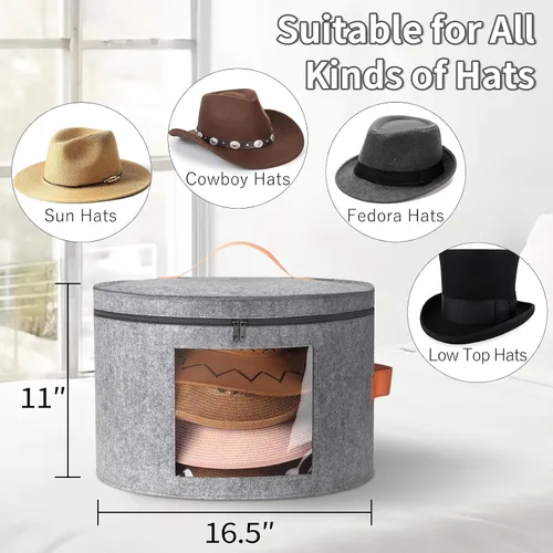 Vista 4 de kushon Caja redonda para sombreros de vaquero para 6-9 gorras, bolsa organizadora grande de fieltro para hombres y mujeres, con soporte, plegable