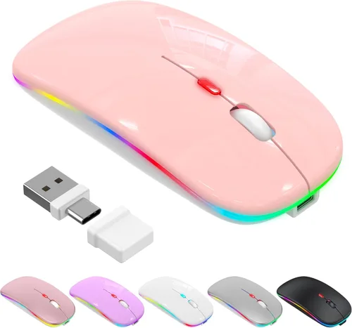Vista 11 de Mouse inalámbrico Bluetooth para MacBook Air Mac Pro iPad, mouse silencioso recargable LED con receptor USB-A/USB-C de 2.4 GHz y mouse jiggler, Negro