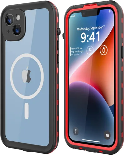 Vista 10 de Funda impermeable para iPhone 14, a prueba de golpes, a prueba de polvo, protector de pantalla integrado, anillo magnético negro