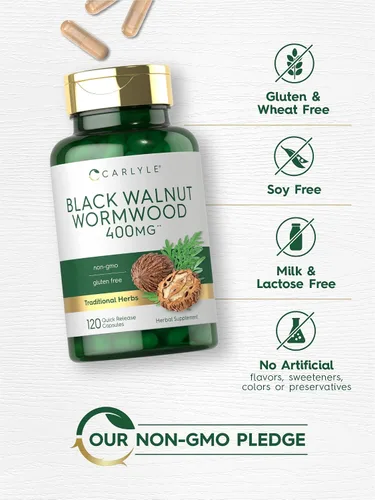 Vista 4 de Carlyle Wormwood Black Walnut 120 Cápsulas Complejo herbario Sin OMG, sin gluten