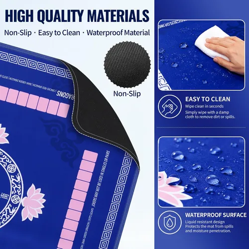 Vista 3 de Mahjong Mat para mesa con reglas 4 dados y bolsa 31.5 x 31.5 pulgadas, azul