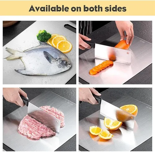 Vista 6 de Tabla de cortar de acero inoxidable de doble cara, tabla de cortar de grado alimenticio de doble cara, segura y práctica, para cortar carne, frutas