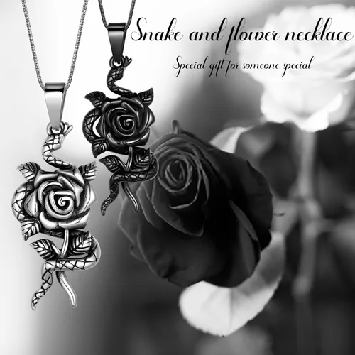 Vista 8 de Collar con colgante de corazón de rosa de serpiente, joyería gótica de acero inoxidable para mujer, serpiente animal, cobra, uroboros