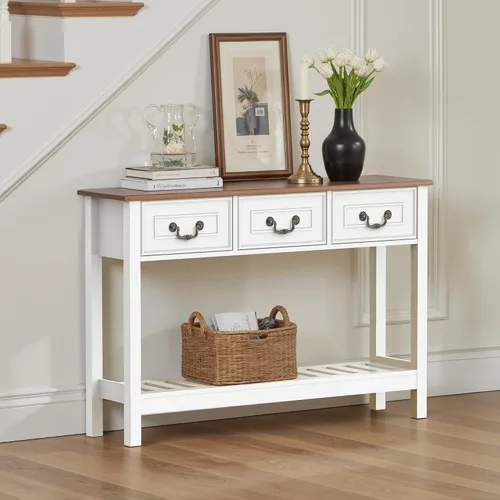 Vista 6 de Mesa consola estrecha con 3 cajones, mesa de entrada con estantes de almacenamiento, mesa de sofá detrás del sofá, mesa de sofá de madera para sala