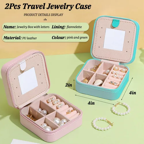 Vista 3 de 2Pcs Travel Jewelry Case for Women Girls,Portable Jewelry Box with Letters 2-Layer Jewelry Storage Mini Jewelry Case Travel Must Have Birthday Gifts