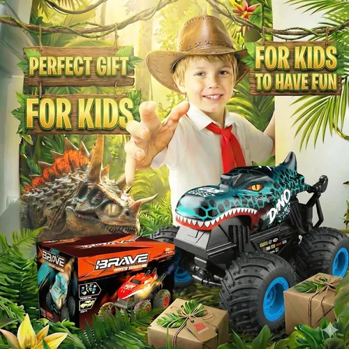 Vista 7 de BEZGAR Monster Truck Toys - Camión monstruo de control remoto con luz y música, juguetes de dinosaurios para niños, camión RC a escala 1:20 con Azul