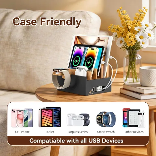 Vista 2 de Pezin & Hulin Estación de carga de bambú para múltiples dispositivos con cargador USB de 5 puertos, 5 cables, soporte para reloj inteligente