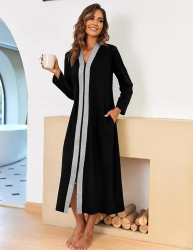 Vista 2 de Ekouaer Bata de manga larga con cremallera para mujer, bata ligera de longitud completa con bolsillos