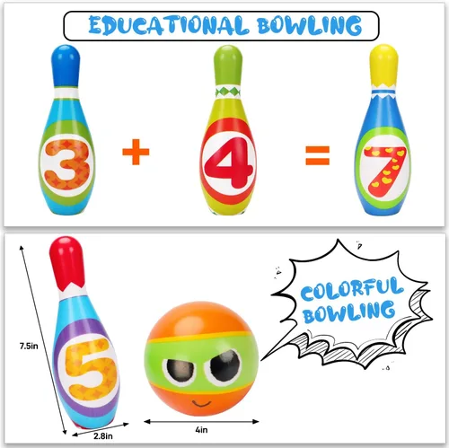 Vista 2 de Juego de bolos para niños AugToy 2-5 años, juego de bolos de interior suave para niños de 1, 2, 3, 4 años, niños y niñas, 10 pines de bolos