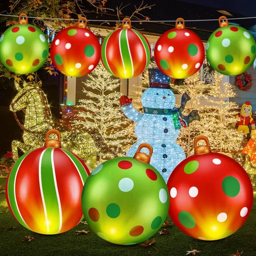 Vista 2 de Jetec 3 bolas de Navidad inflables de PVC de 24 pulgadas con luz gigante, bolas de adornos de Navidad, decoraciones de Navidad al aire libre