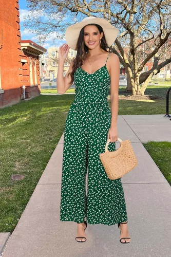 Vista 3 de LAISHEN Overol de pierna ancha para mujer, estilo casual, para verano, sin mangas, con bolsillos, con estampado floral